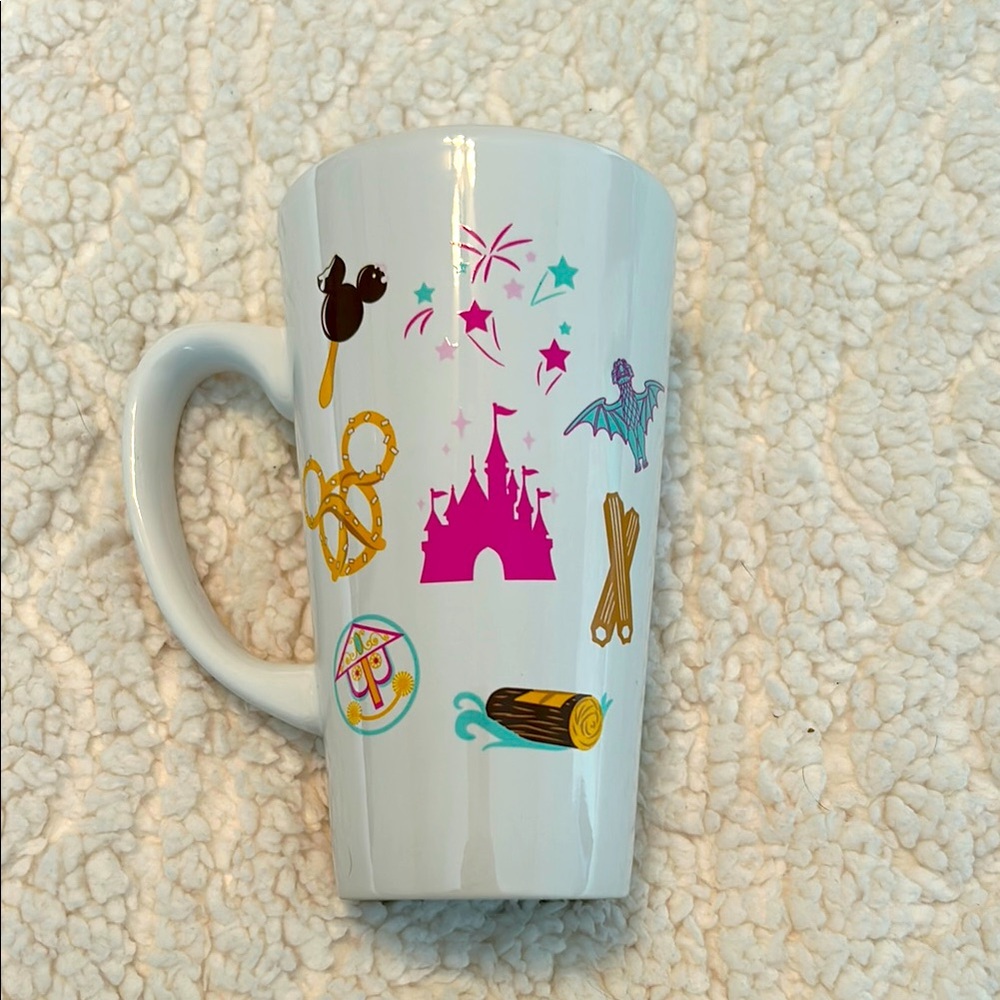 Disney Parks White Ceramic Mug with Colorful Graphics 6 inches tall